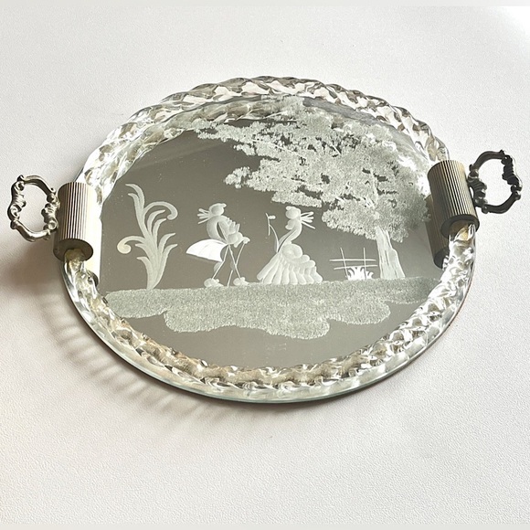 Vintage Venetian Glass Etched Mirror Tray Vanity Serving Ercole Barovier Italy - Picture 2 of 7